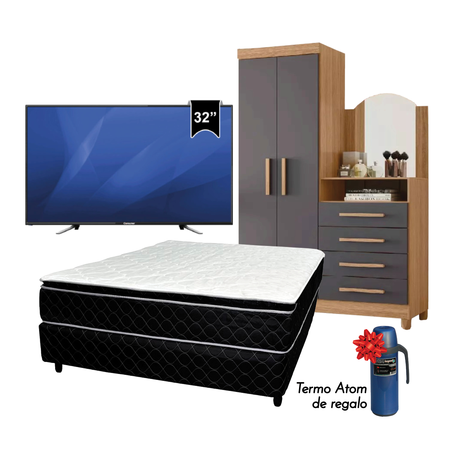 SOMIER KOALA PT NEGRO 140 + TELEVISOR CONSUMER 32" + SOPORTE + ROPERO COMODA MOVEL + TERMO ATOM LEGE