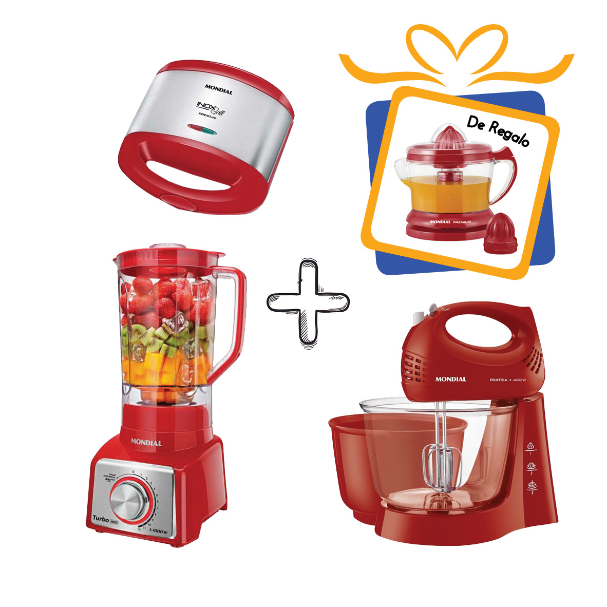 SANWICHERA MONDIAL S-19 ROJO + BATIDORA MONDIAL B-45R ROJO + LICUADORA MONDIAL ROJO L-1000RI + EXPRI