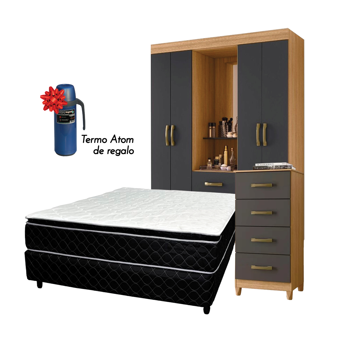 SOMIER KOALA PT NEGRO 140 + COMODA + ROPERO NATURE TITANIO + TERMO ATOM LEGEND REGALO