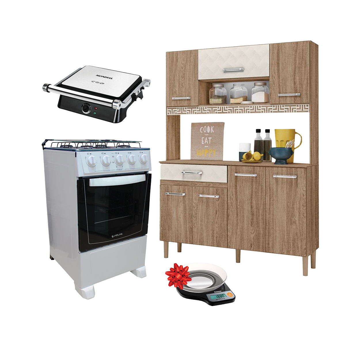 COCINA ATLAS 4H COLISEUM BL + KIT MOVEL MAGAZIN 120 CA/RU + GRILL MONDIAL G-15 + BALANZA CONSUMER