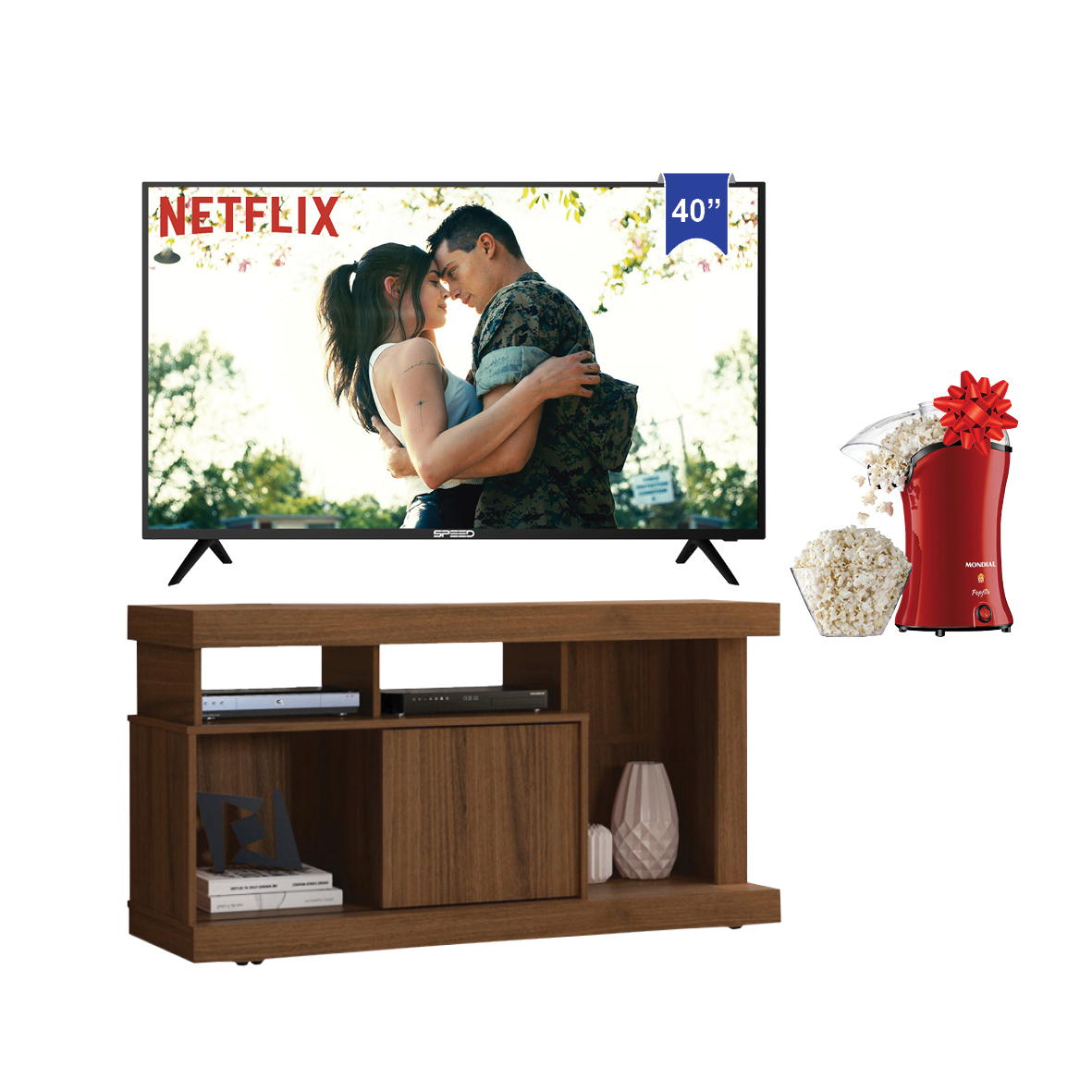 TELEVISOR SPEED 40" STVLEDK40SDL + RACK MOVEL MAX QUARTZO NOGUEIRA + PIPOQUERA MONDIAL ROJO PP-03