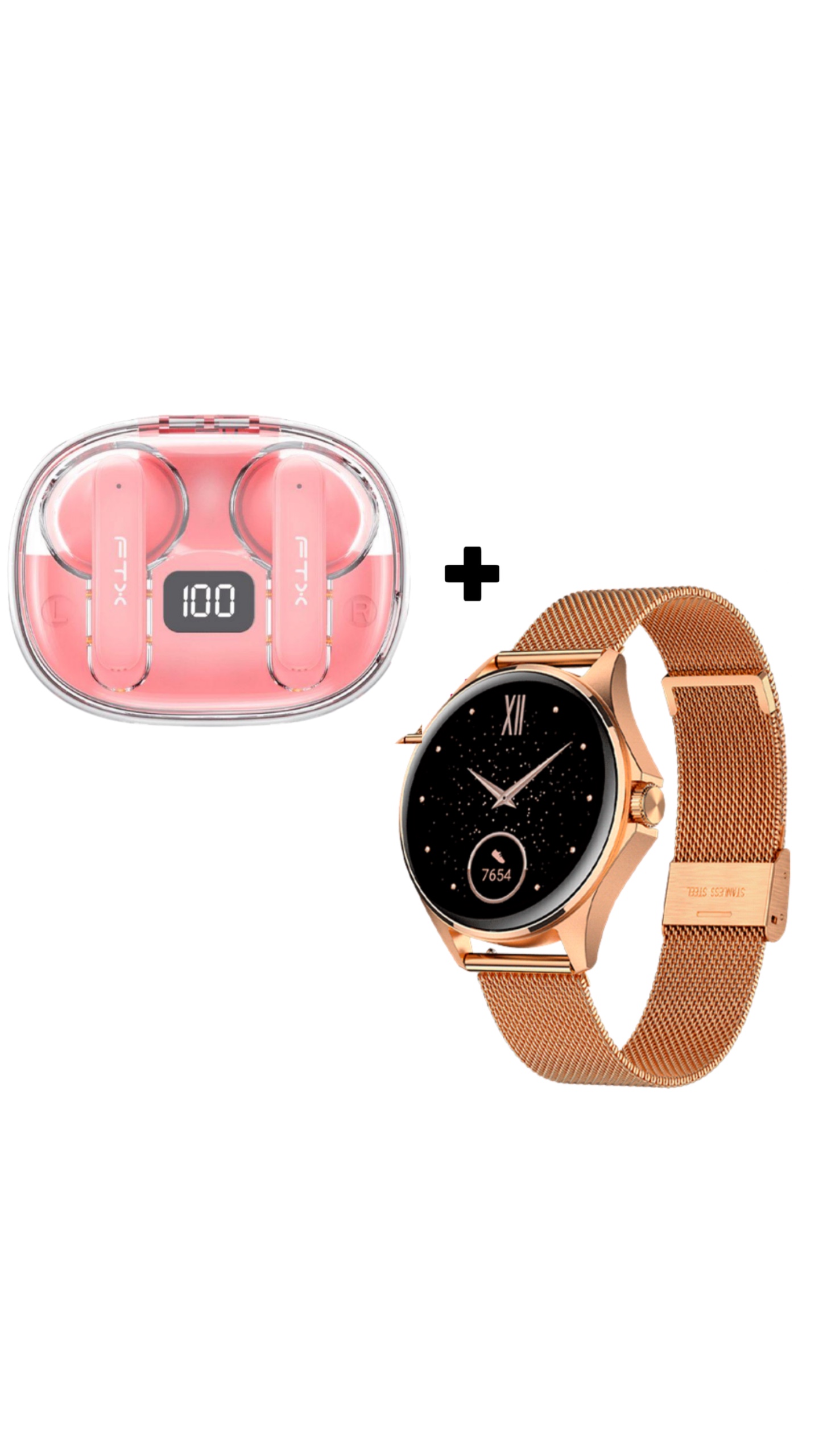 COMBO AURICULAR FTX E80-PK ROSA + SMARTWATCH FTX AM12-RGRGS