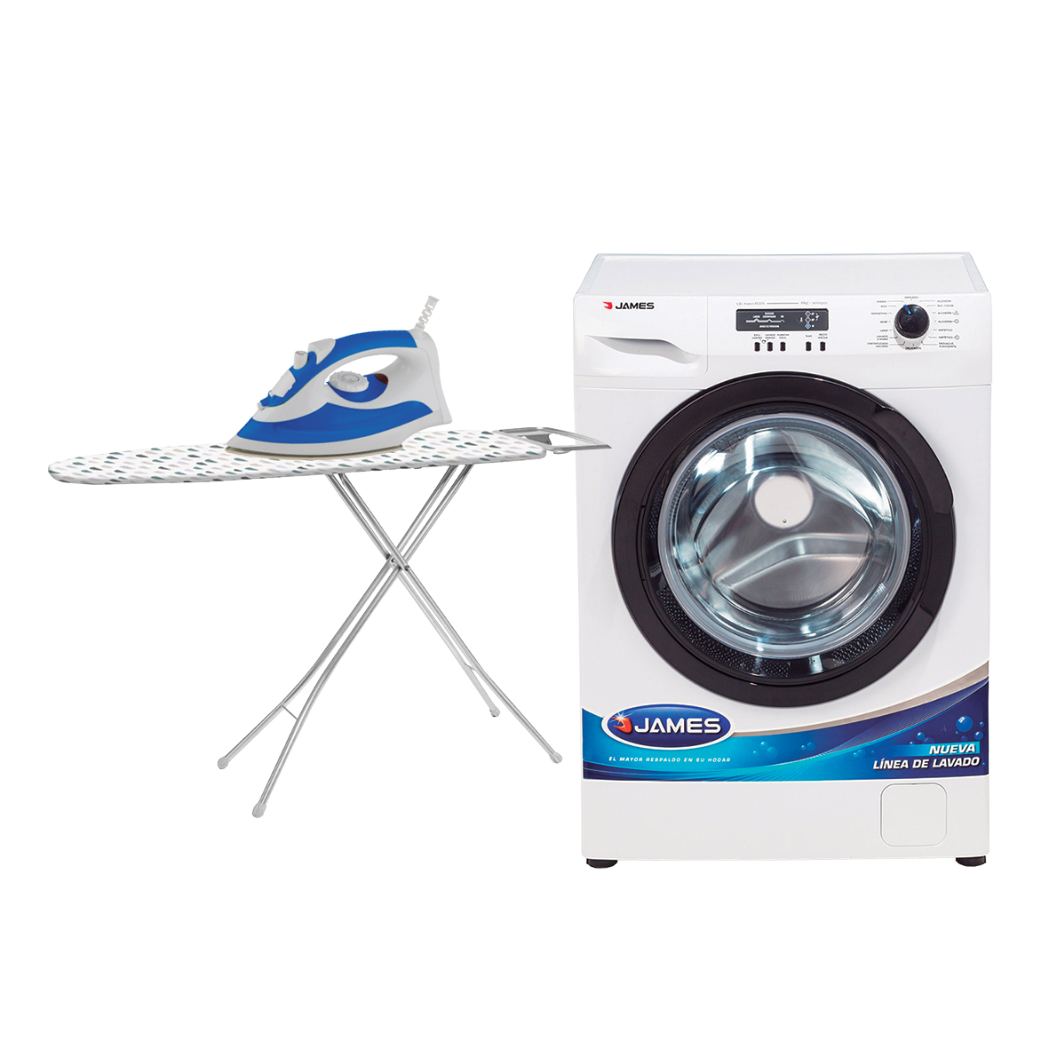 LAVARROPAS JAMES LR 6900 + MESA DE PLANCHAR UPALALA + PLANCHA JAM ES 5078