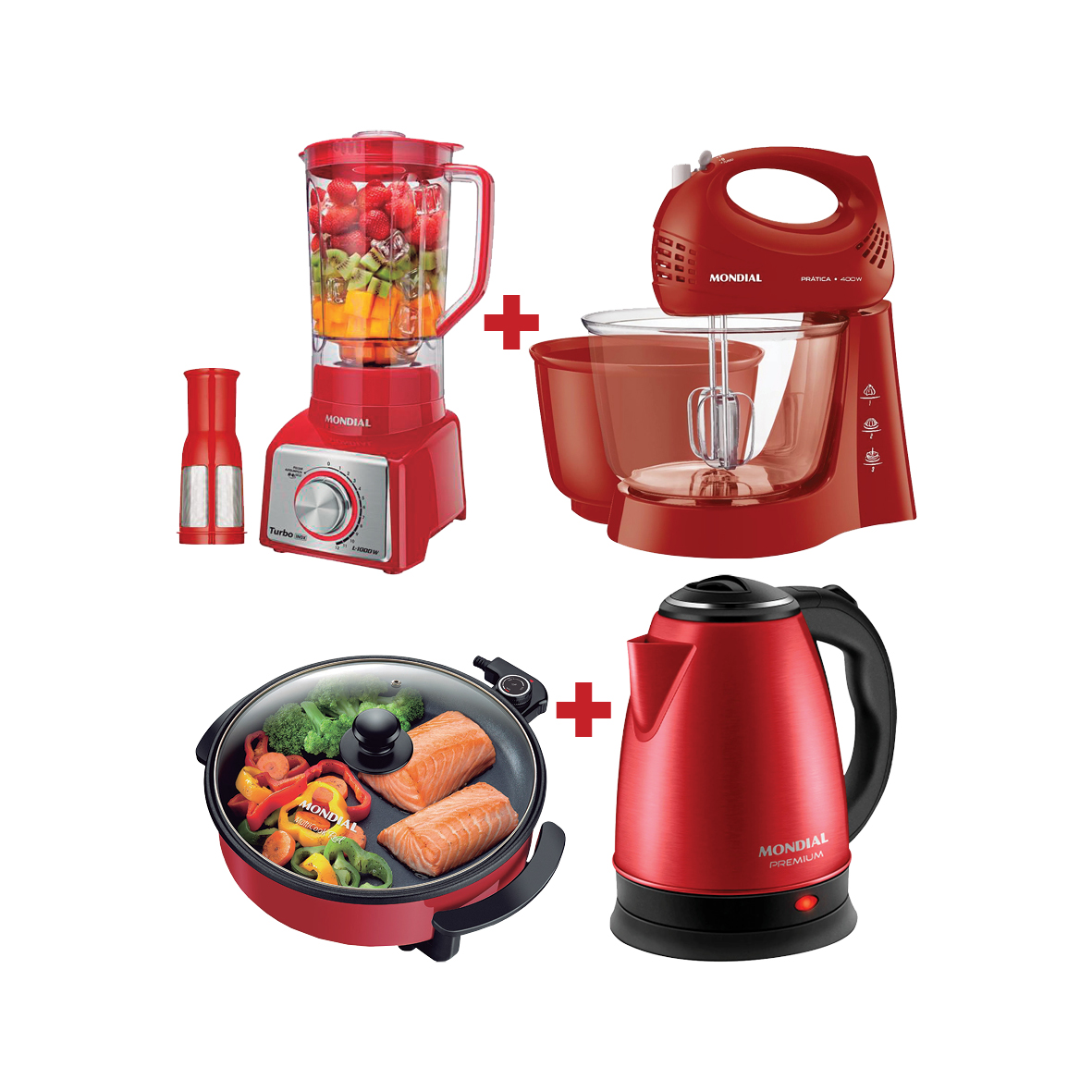 OLLA PE-28 RED + LICUADORA  INOX ROJO L-1000RI + BATIDORA  B-45R + HERVIDORA CE-06-R 2,0L RED MONDIA