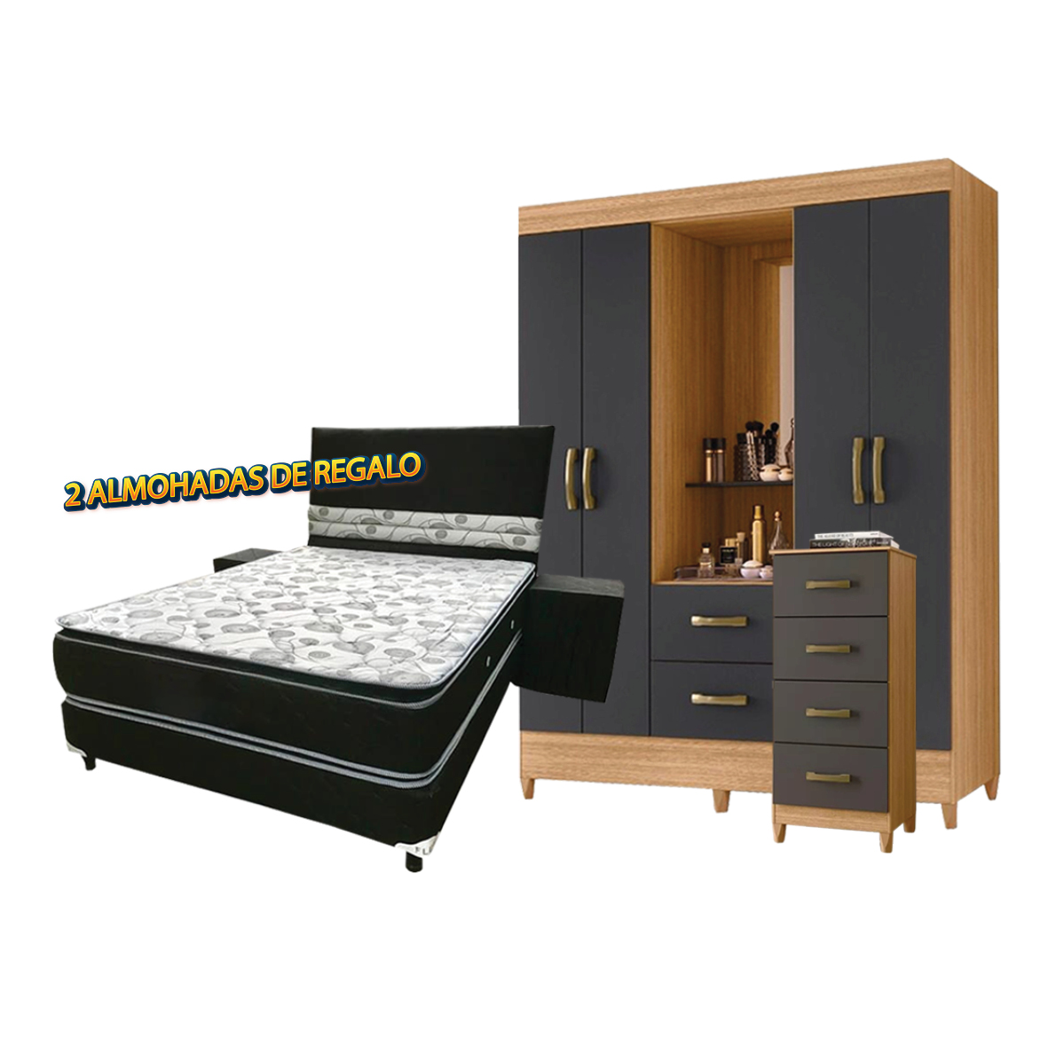 ROPERO CAPELINA + COMODA MOBI MOVELMAX + SOMIER INMAPOL FLEX DUO 1.40 X 1.90 + ALMOHADA RELLENO