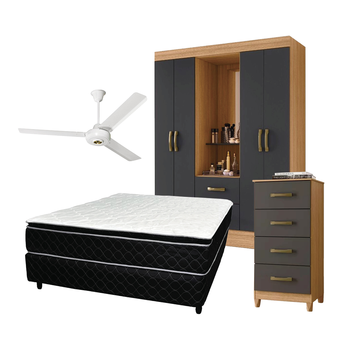 SOMIER KOALA PT NEGRO 1.40 + COMODA + ROPERO NATURE TITANIO + VENTILADOR RDC TECHO