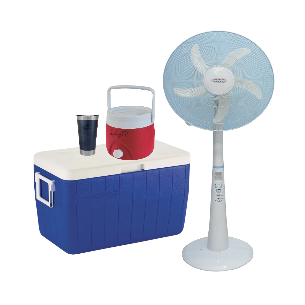 CONSERVADORA 48QT 1311 Y TERMO COLEMAN 2G 736/730/877 + VASO STANLEY AZUL 8442 + VENTILALDOR RDC BAT