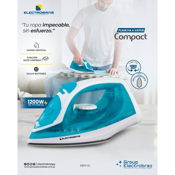 PLANCHA A VAPOR ELECTROBRAS COMPACT TEFLON ANTIADERENTE 1200 WATTS EBPV-10