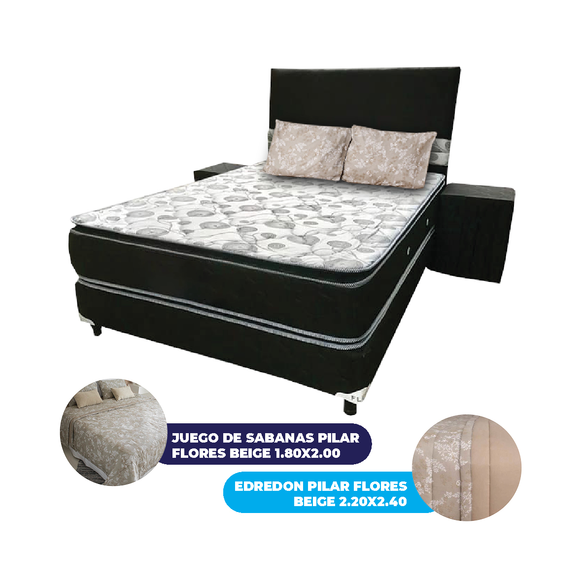 SOMIER COMPLETO INMAPOL FLEX DUO 1.60 X 2.00 + KIT PILAR BEIGE 155 + 2 ALMOHADAS