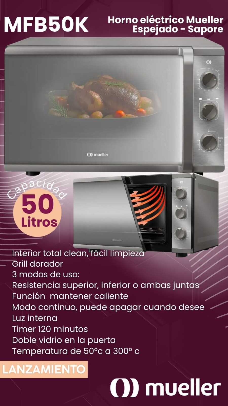 HORNO MUELLER SAPORE 50LTS ESPEJADO PLATA MFB50K