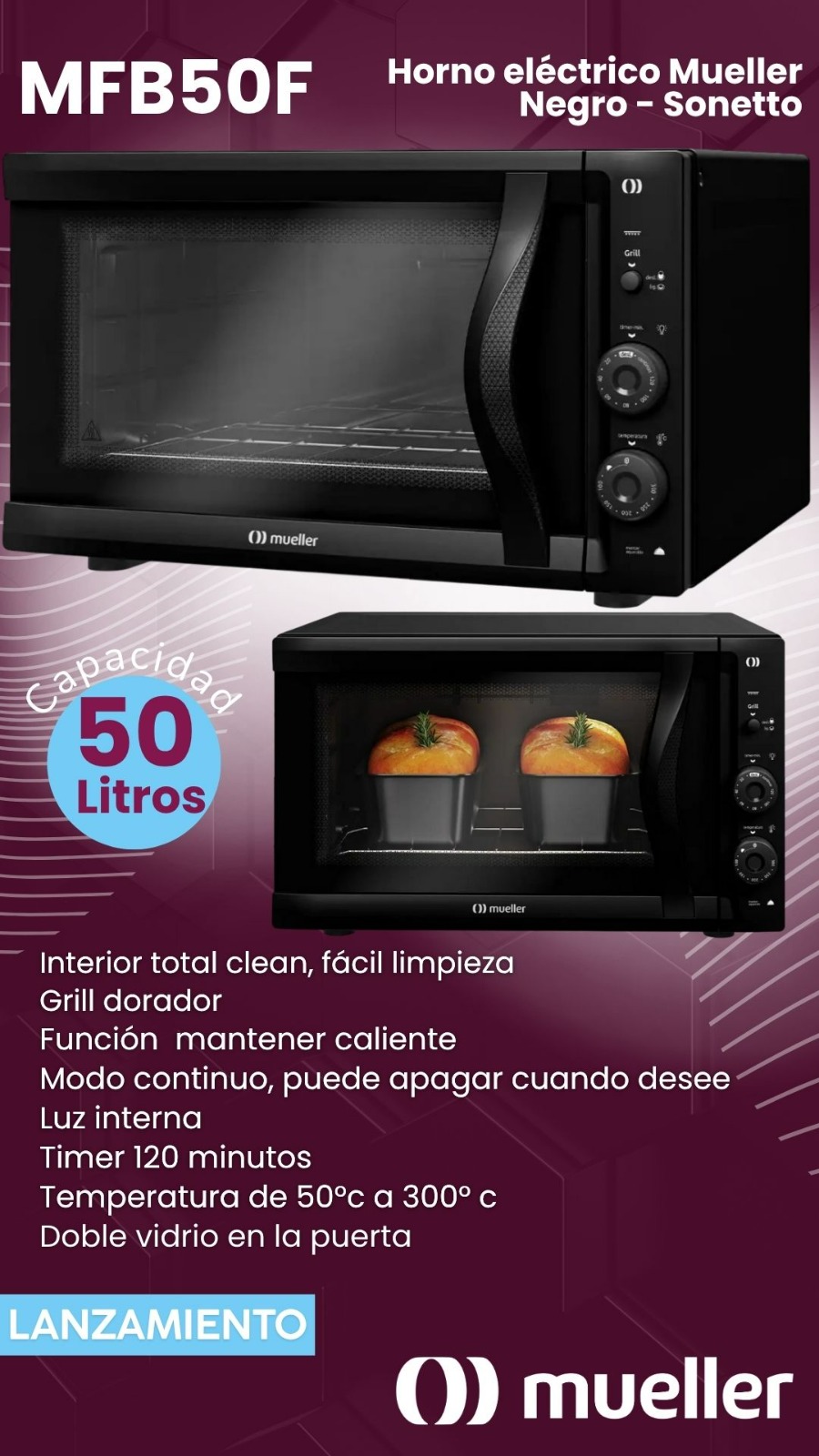 HORNO MUELLER SONETTO 50LTS NEGRO MFB50F